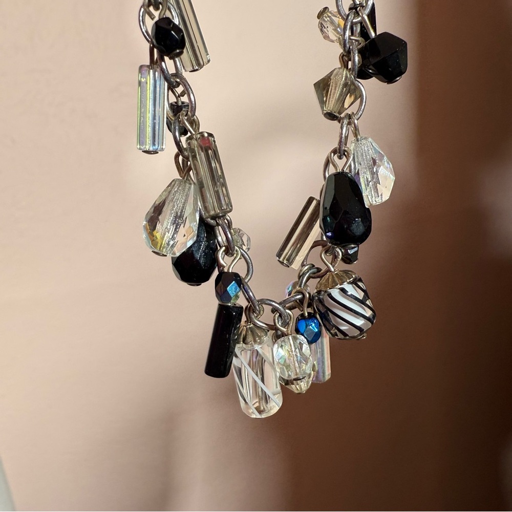 Murano black clear glass sterling silver toggle clasp art deco charm bracelet